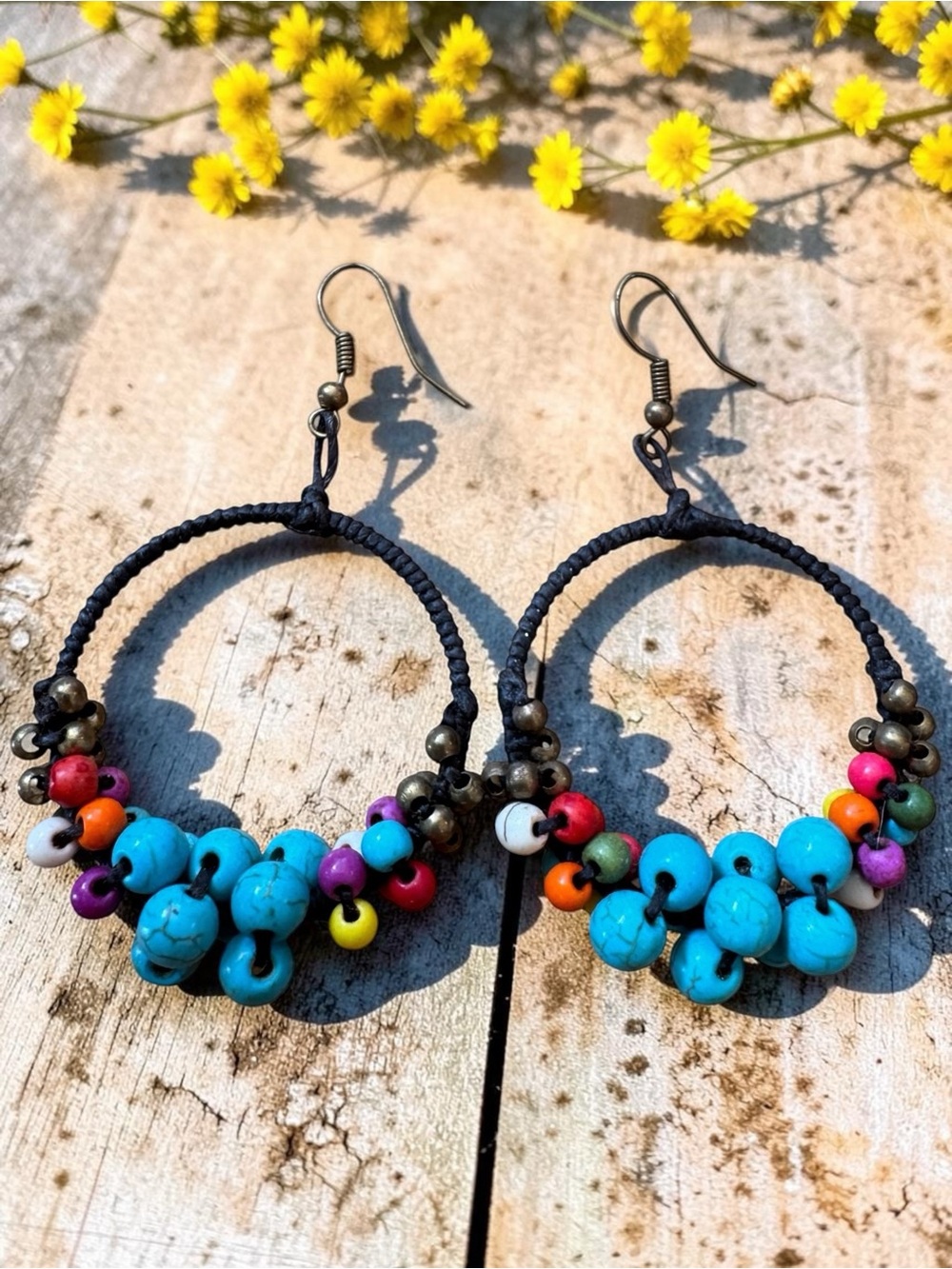 Bohemian Macrame Beaded Hoop Earrings.